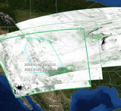 A screen capture from NASA's Earthdata Search that shows a user-defined geographic area of interest and the area covered by three granuales from a snow cover dataset.