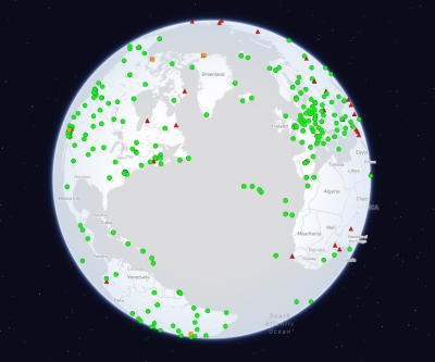 A graphic showing the locations of GNSS stations in North America, Central America, a portion of South America, Greenland, western Eurpoe, and western Africa.