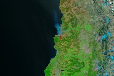 False-color reflectance image of wildfires in the Valpariso region, Chile on 3 February 2024 from the VIIRS instrument aboard the joint NASA/NOAA Suomi NPP satellite