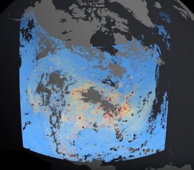 A visualization of nitrogen dioxide emissions over North America from the TEMPO instrument.