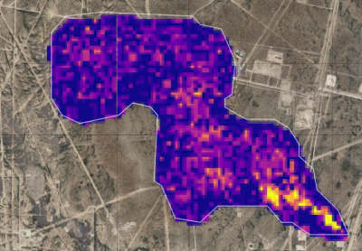 Image of a methane plume overlaid on a topo map; highest methane concentrations are in southeast corner (yellow area); rest of plume is low concentrations (purple)