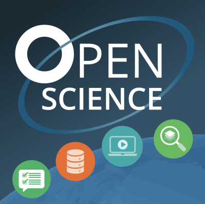 White words Open Science on a blue background with four colored circles below with data icons inside them.