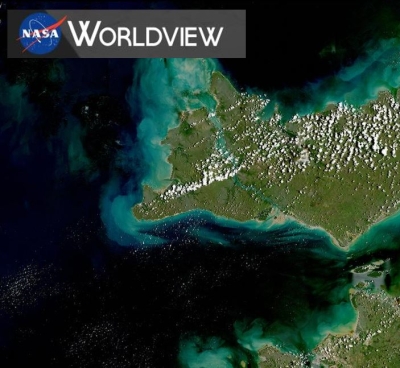 This screen capture shows an image from NASA Worldview with the NASA Worldview logo in the top-right corner
