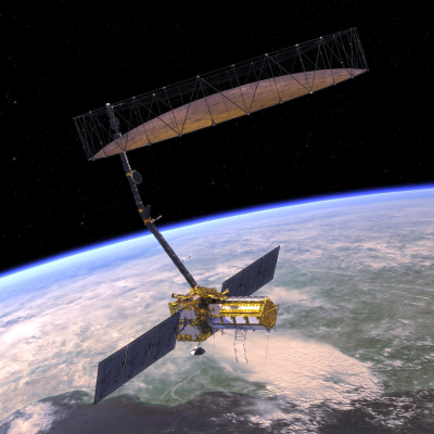 Artists rendering of the NISAR spacecraft in orbit above Earth