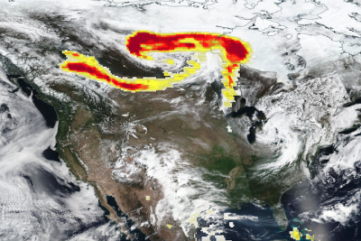 Base corrected reflectance image acquired May 11, 2024, by the VIIRS instrument aboard the joint NASA/NOAA Suomi NPP satellite and overlaid with Aerosol Index values from the OMPS instrument.