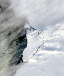 Brunt Ice Shelf Calves on 1 March 2021 (Terra/MODIS) - Feature Grid