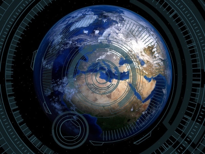 Illustration of Earth overlaid with computer graphics.