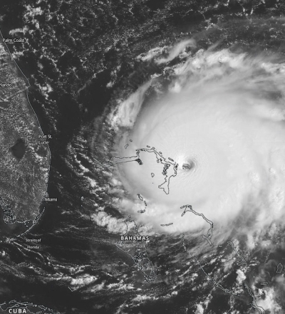 Hurricane Dorian making landfall on the Bahamas on September 1, 2019.