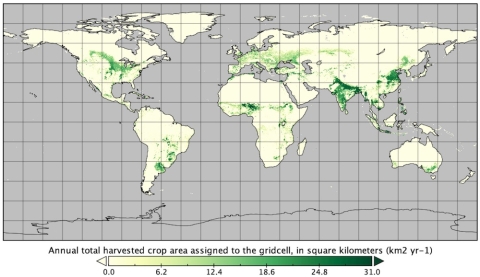 Annual total harvested crop area from the Carbon Fluxes from Global Agricultural Production and Consumption, 2005-2011 dataset. Darker green indicates a larger total annual harvested crop area in km2/year. Credit: NASA ORNL DAAC.