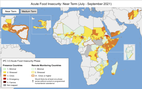 Map of near-term acute food insecurity from July to September 2021 from the Famine Early Warning System Network (FEWS NET). Colors indicate food insecurity levels: Yellow = stressed; Orange = crisis; Red = emergency. Image: FEWS NET.