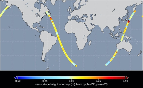 Sentinel-6A Michael Freilich Altimetry low Resolution NRT sea surface height anomalies. Credit: NASA PO.DAAC.