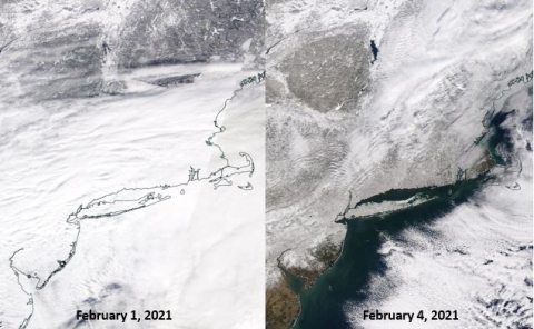 Image from the Moderate Resolution Imaging Spectroradiometer (MODIS) aboard NASA’s Terra satellite shows an area of New Jersey and New York impacted by a winter storm that hit in February, 2021.