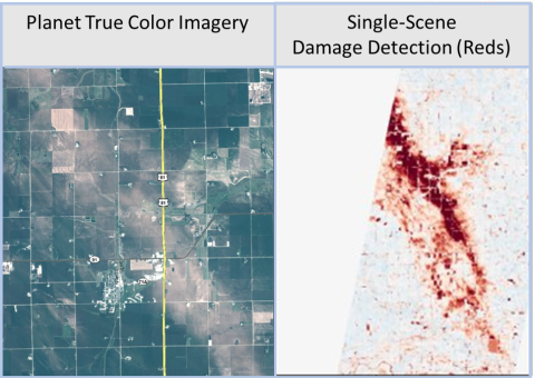 Side-by-side images with fields on left and red areas indicating damaged fields.