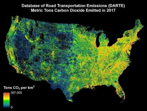 This is a map of on-road carbon dioxide emissions for the conterminous United States for the year 2017 available from the Database of Road Transportation Emissions (DARTE). 