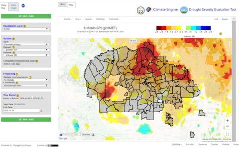 DSET map showing the six-month SPI within the Navajo Nation. Warmer colors (red, yellow) indicate drought conditions. DSAT and DSET maps can be used to make mitigation decisions, especially in drought emergencies. Credit: NASA/Amber McCullum.