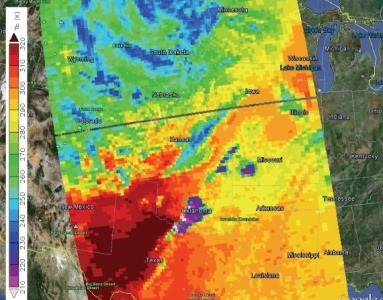 This is an image of an Oklahoma tornado on May 20, 2013 - AIRS infrared brightness temperatures show very cold cloud tops in the storm (violet), indicating extremely strong convection.