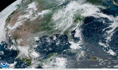 Geocolor image of the U.S. East Coast showing clouds, water, landforms