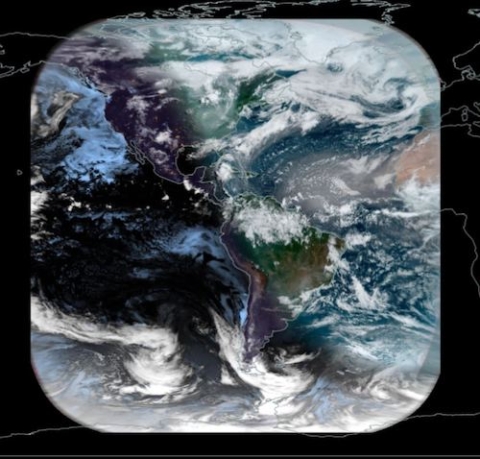 Geocolor image of North and South America showing day on right and night on left side of image