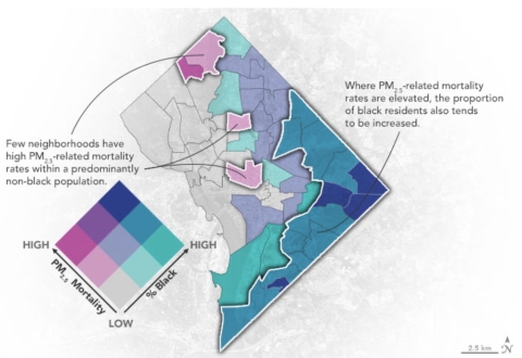 Map of Washington, D.C., showing areas that generally have higher rates of PM2.5-attributable mortality. Elevated rates of PM2.5-attributed mortality correlate with areas having a higher proportion of Black residents, such as the city's southeast quadrant (right side of map). Credit: NASA Earth Observatory.