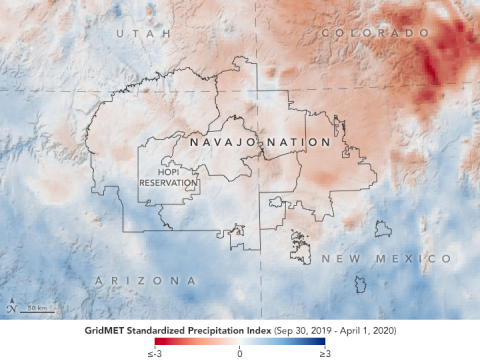 DSAT map showing six-month SPI within the Navajo Nation for September 30, 2019, to April 1, 2020. Red areas indicate rainfall below the long-term average; blue areas indicate rainfall above the long-term average. Credit: NASA Earth Observatory.