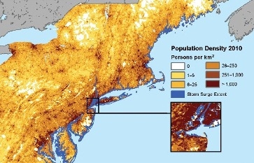 This map shows the storm surge from Hurricane Sandy in October 2012, as estimated by the Federal Emergency Management Agency, coupled with SEDAC population density data for 2010.