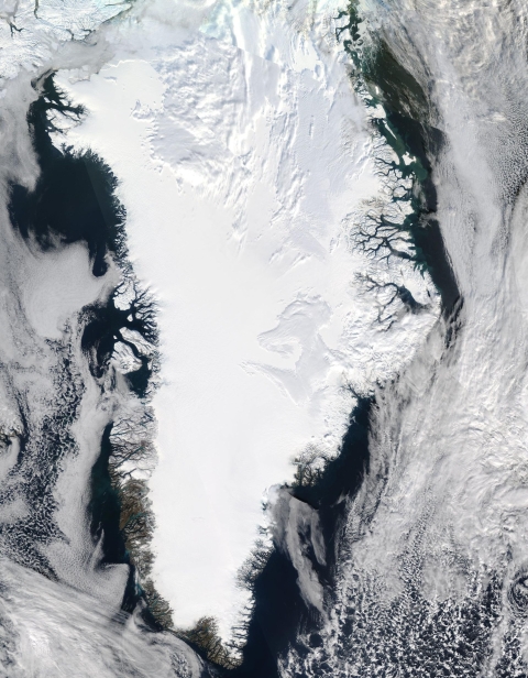 Satellite image of Greenland covered in ice/snow.