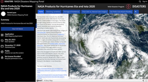 Screenshot of NASA Disasters page showing Hurricane Eta.