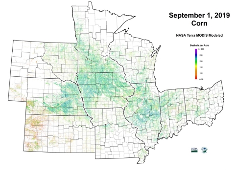 Map showing US Midwest corn production with colors indicating bushels produced.