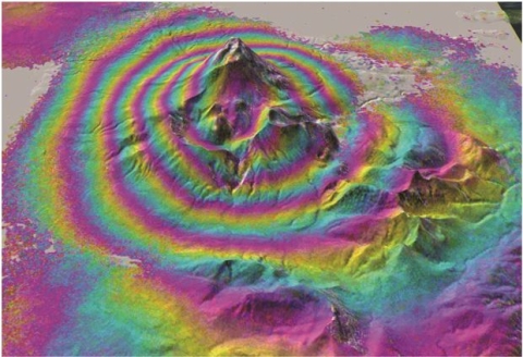 An interferogram showing the inflation of Mt. Peulik volcano in the Aleutian Islands during 1996-1998.