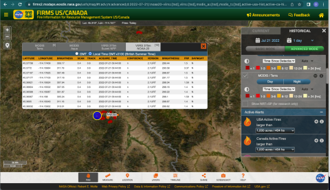Screen capture of the Moose Fire in FIRMS showing URT data