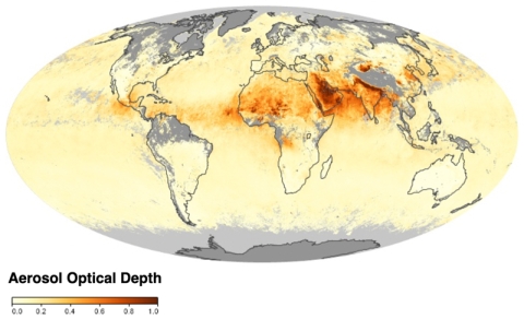 Global map with AOD values indicated in shades of red.