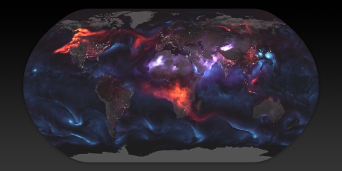 Global map with aerosol sources in various colors