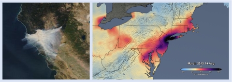 side by side images of a wildfire and poor air quality map