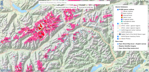 Terrain map with red overlays indicating glaciers