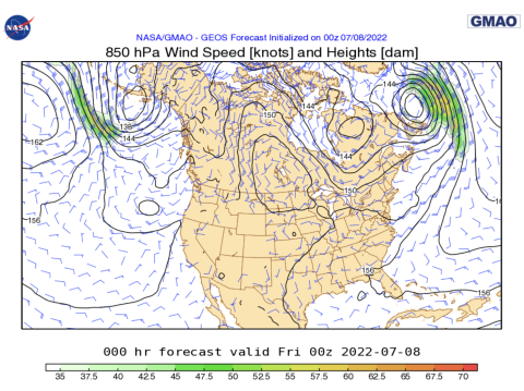 Map of U.S. showing wind direction