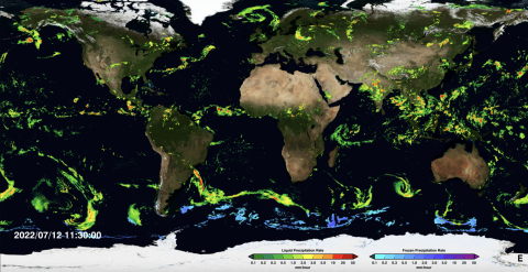 Global map showing areas of rain with colors indicating intensity.