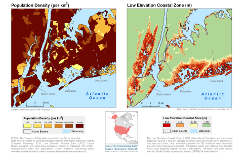 side by side maps showing population density (left) and areas of low elevation coastal zone areas (right)