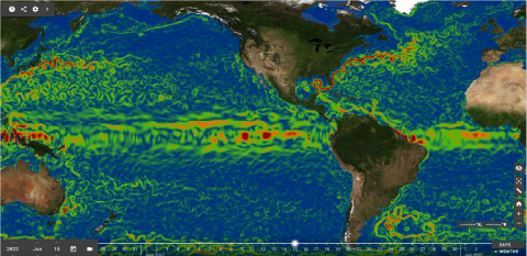 Ocean map with colors indicating current velocity.