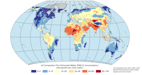 map of world with colors indicating high PM2.5 concentrations