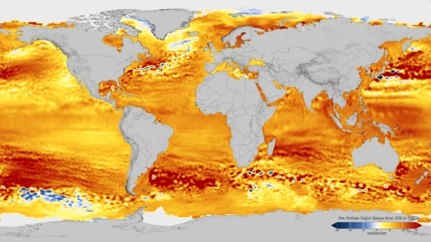 global map with red/yellow colors indicating rising sea surface blue colors indicating sea surface height falls