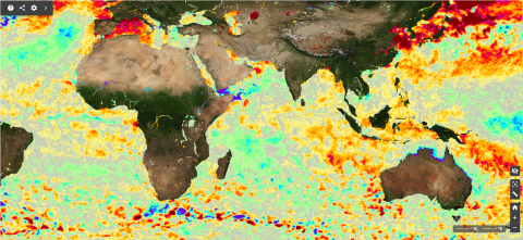Global map showing Indian Ocean with colors indicating sea surface temperature