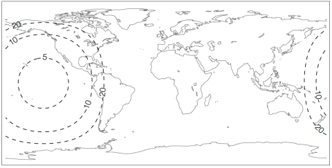 GOES-17 ABI disk coverage map showing dotted lines around the Americas East and West