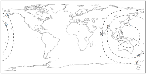 Himawari-8 AHI coverage map showing dotted lines around Asia and Australia