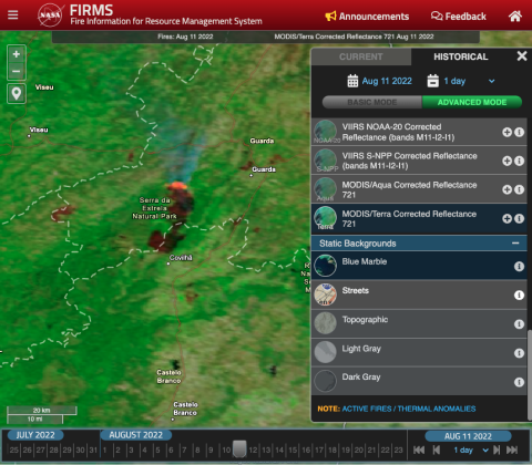 Screenshot of the FIRMS map displaying fire and burned area in the Serra da Estrela National Park, Portugal