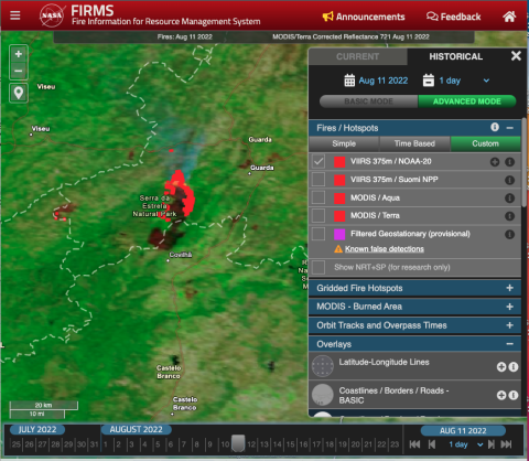 Screenshot of FIRMS Fire map showing VIIRS fire detections in Serra da Estrela National Park, Portugal