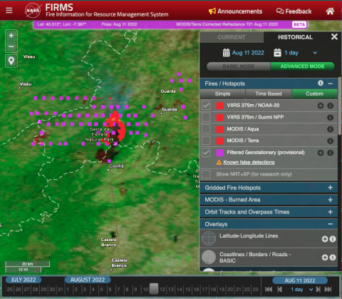 Screenshot of FIRMS Fire map showing spurious Meteosat-11 SEVIRI fires over Serra da Estrela National Park, Portual