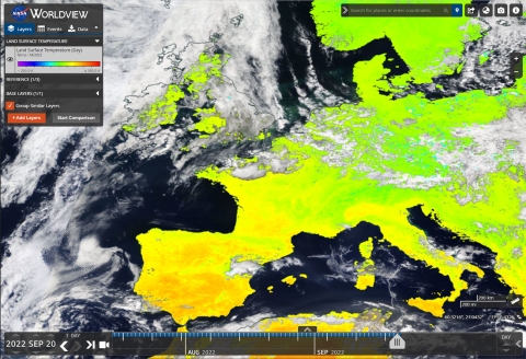 Worldview image of land temperature across Europe with temperature indicated in colors