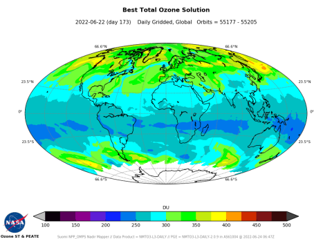 Map of globe with ozone concentrations in various colors.