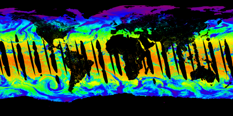 Global map with land in black. Colored bands over ocean indicate PAR values.