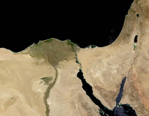 Brown indicates land; black indicates water; greenish area around Nile river indicates Nile Delta and the path of the Nile River
